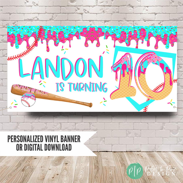 baseball ice cream drip birthday banner for tween boys 10th birthday