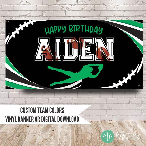 Custom football birthday banner design in black, green, and silver, featuring varsity text reading Happy Birthday with name and football lace graphics with a player silhouette.