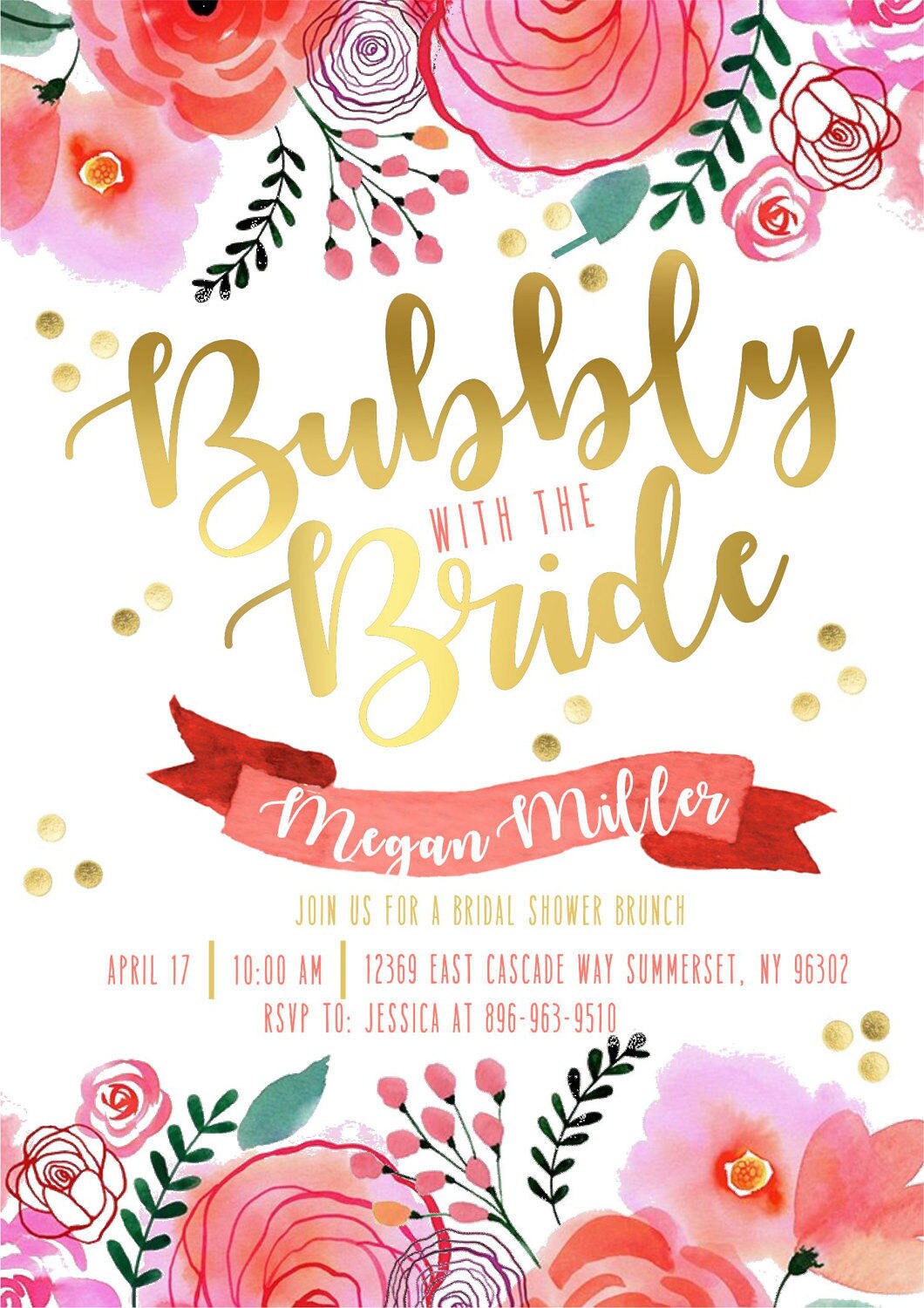 Bubbly Bridal Shower, Bubbles and Brunch Invite, Floral Bridal Shower Invitation, Watercolor, bridal shower brunch invite, Bubbly & brunch