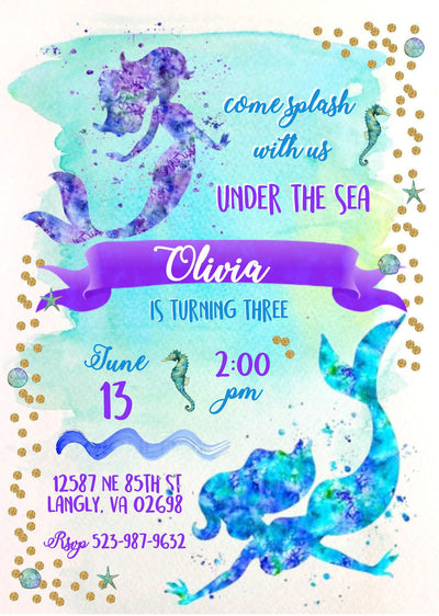 Mermaid Birthday Invite, Under the Sea Invite, Mermaid Invite, Mermaid Invitation, Watercolor Mermaid Invite, Mermaid Birthday, Gold Glitter