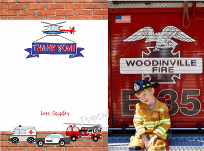 Firetruck birthday Thank You Card, Emergency vehicles birthday, Boy Birthday Thank You Card, Police Car, Rescue Cars, Police birthday party