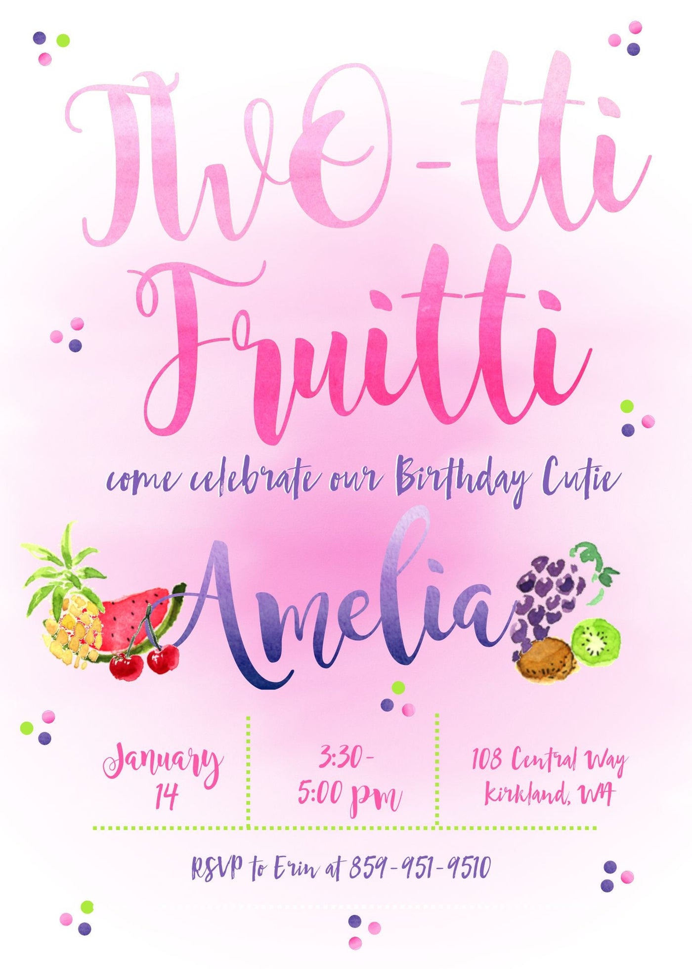 Tutti Frutti Party, Two-Tti Fruity Birthday Invite, Twotti Frutti Invitation, Twotti Fruitti Birthday, Second Birthday,Watercolor Fruit, 2nd