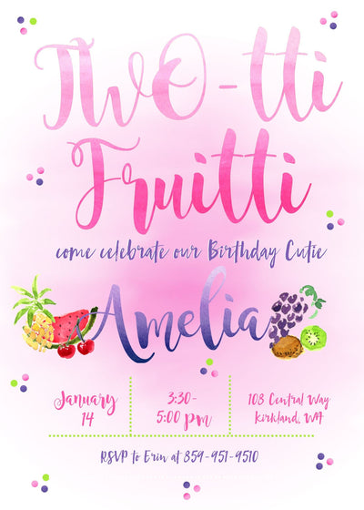 Tutti Frutti Party, Two-Tti Fruity Birthday Invite, Twotti Frutti Invitation, Twotti Fruitti Birthday, Second Birthday,Watercolor Fruit, 2nd