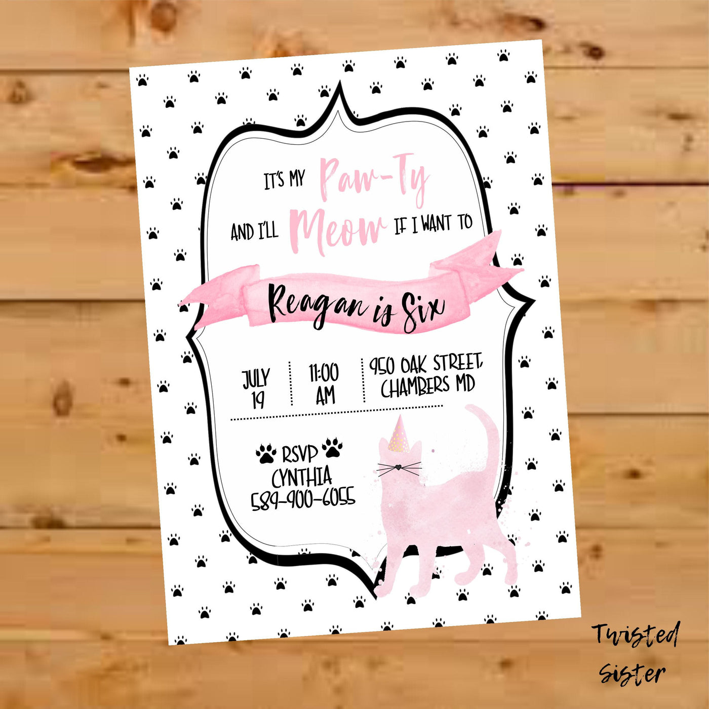 Kitty Cat Birthday Invitation, Cat Invitation, Cat Birthday Party, Cat Birthday Invite, Pink & Black Cat Birthday Invite, Kitty Invite, Pink