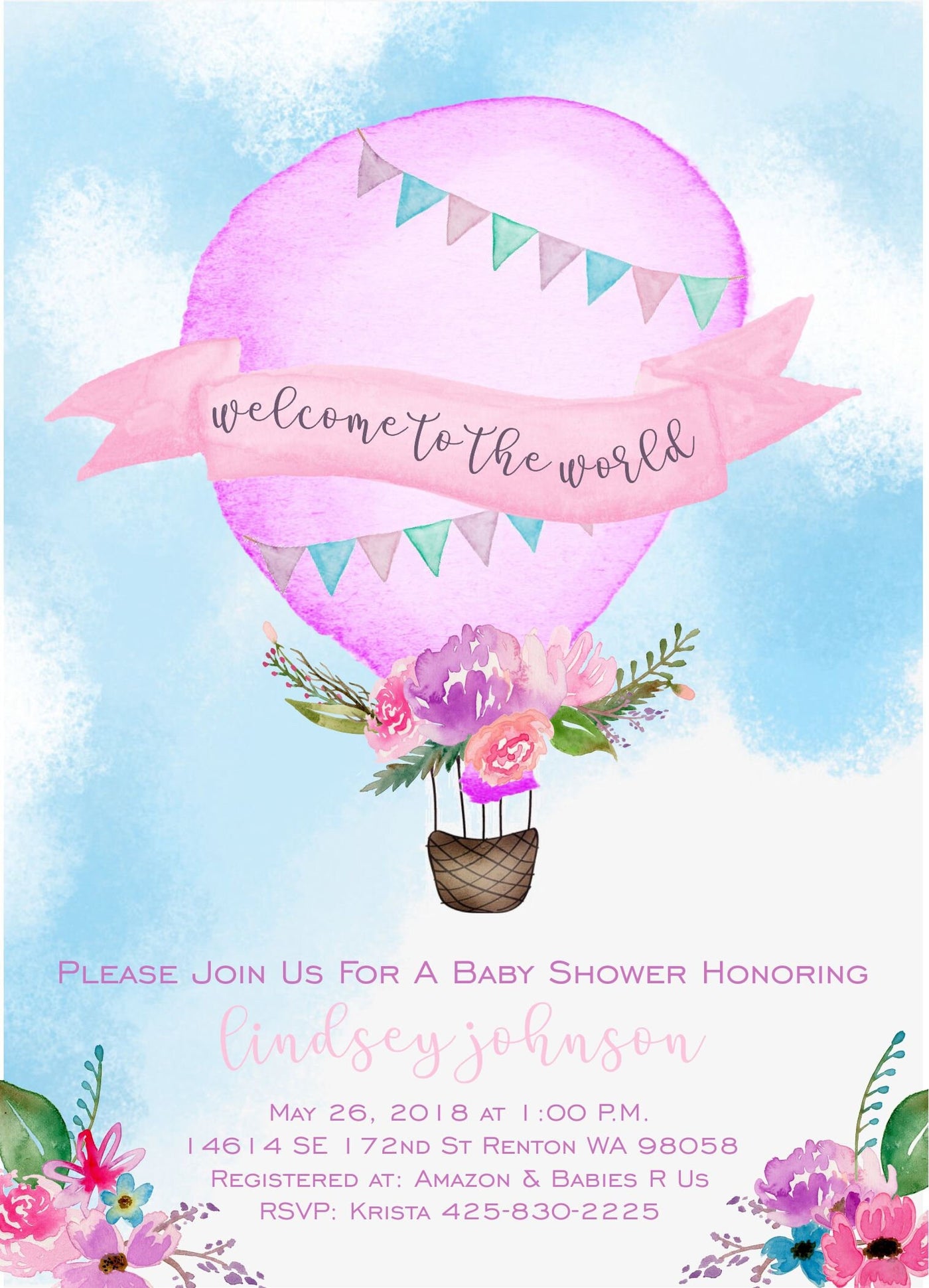 Hot Air Balloon Baby Shower Invitation, Hot Air Balloon Baby Shower, Hot Air Balloon Invitation, Pink Watercolor, Up Up and Away Baby Shower