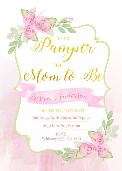 Spa Invite, Baby Shower Invitation, Girl, Bridal Shower Invite, Floral Watercolor, Spa Day Invitation, Peonies, Eucalyptus, Spa Baby Shower