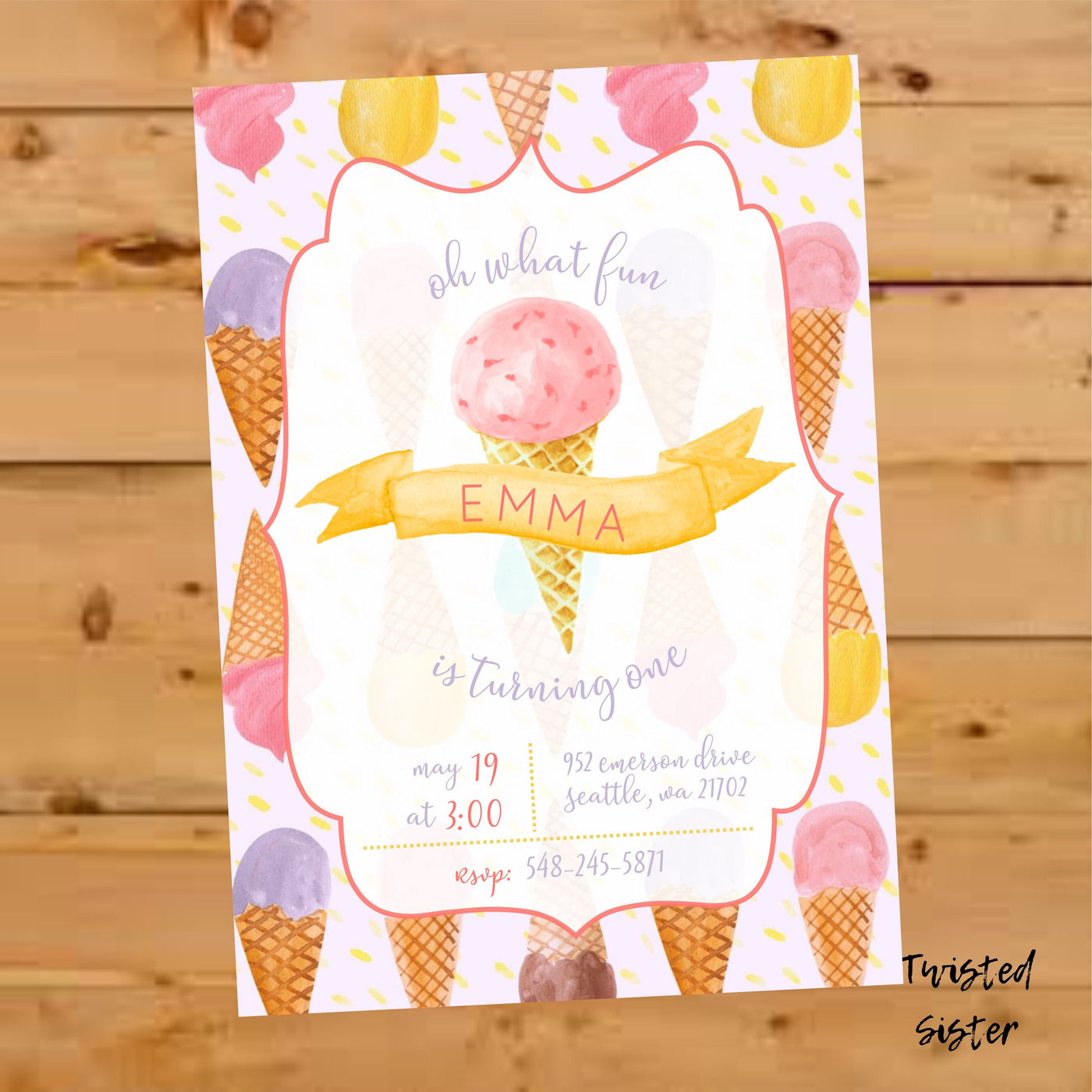 Ice Cream Invitation, Sprinkle Invitation, Ice Cream Birthday Invite, Watercolor Ice Cream Invite, First Birthday Ice Cream Invite, 1st