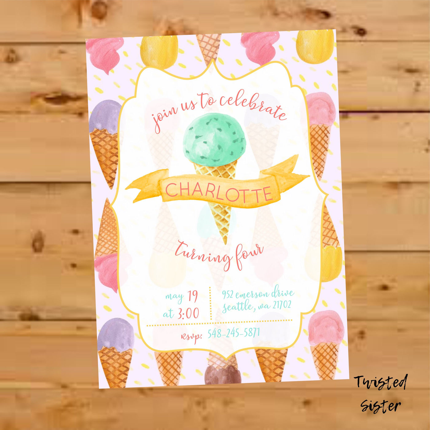 Ice Cream Invitation, Sprinkle Invitation, Ice Cream Birthday Invite, Watercolor Ice Cream Invite, First Birthday Ice Cream Invite, 1st