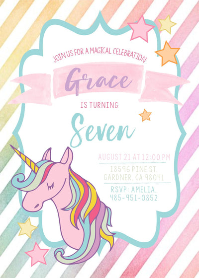 Unicorn Party, Unicorn Invite, Unicorn Birthday Invite, Watercolor Unicorn Invitation, Rainbow Unicorn Birthday, Unicorn Birthday Party