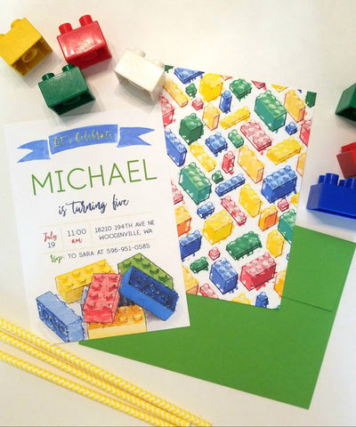 Building Block Invite, Building Block Birthday Invite, Building Block Party, Boy Birthday Invitation, Watercolor Invitation, Modern Boy