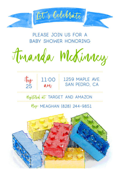 Building Block Invite, Building Block Birthday Invite, Building Block Party, Boy Birthday Invitation, Watercolor Invitation, Modern Boy