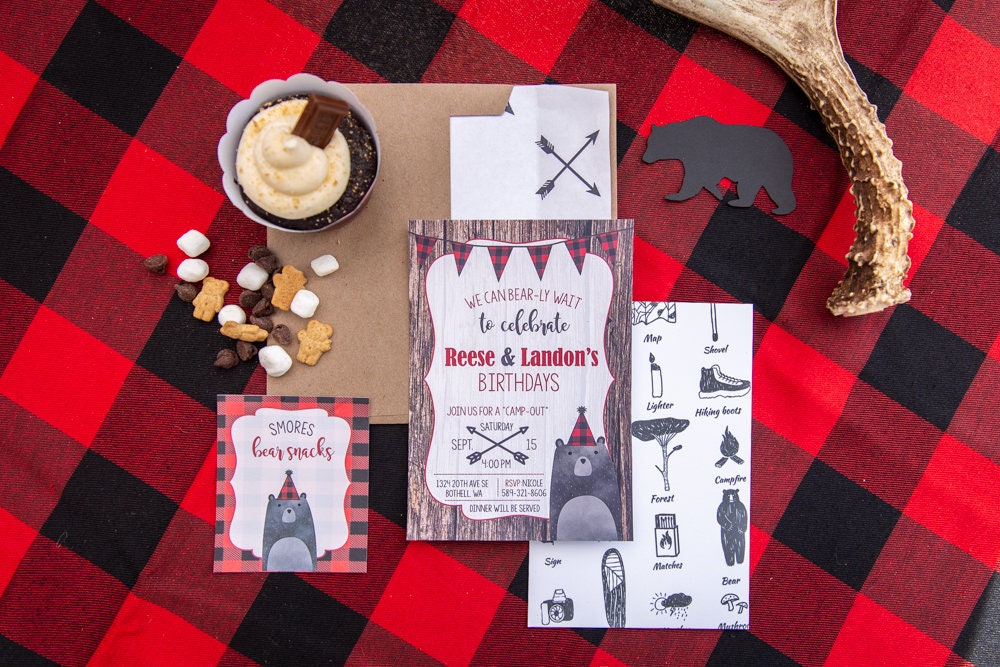 Camping Birthday Invitation, Buffalo Plaid, Lumberjack Birthday, Camping Party Invite, Lumberjack Invitation, Woodland Birthday, Wild One