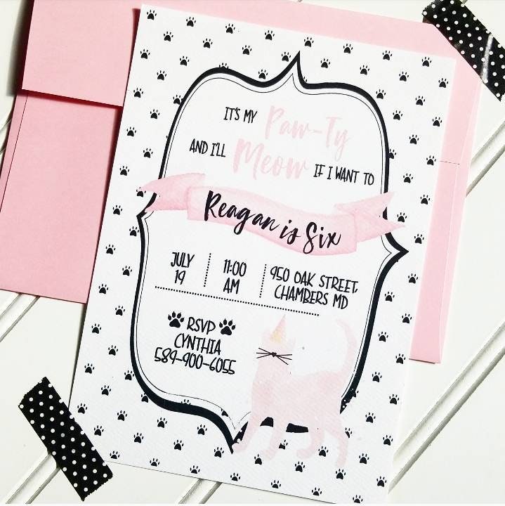 Kitty Cat Birthday Invitation, Cat Invitation, Cat Birthday Party, Cat Birthday Invite, Pink & Black Cat Birthday Invite, Kitty Invite, Pink