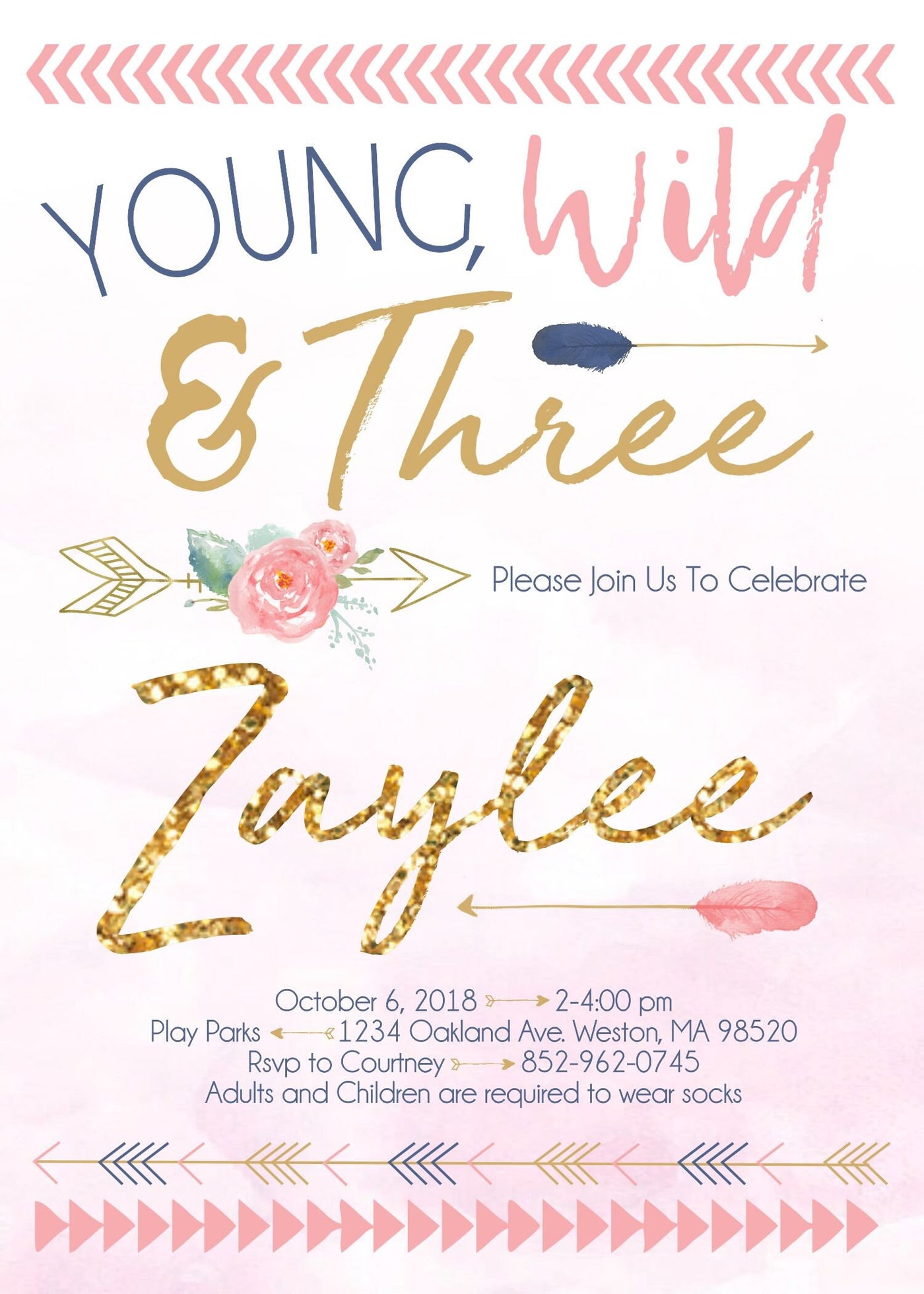 Young Wild and Three, boho birthday invite, girl birthday, Wild One, Forever wild, boho birthday party, antlers, arrows, two wild girl party