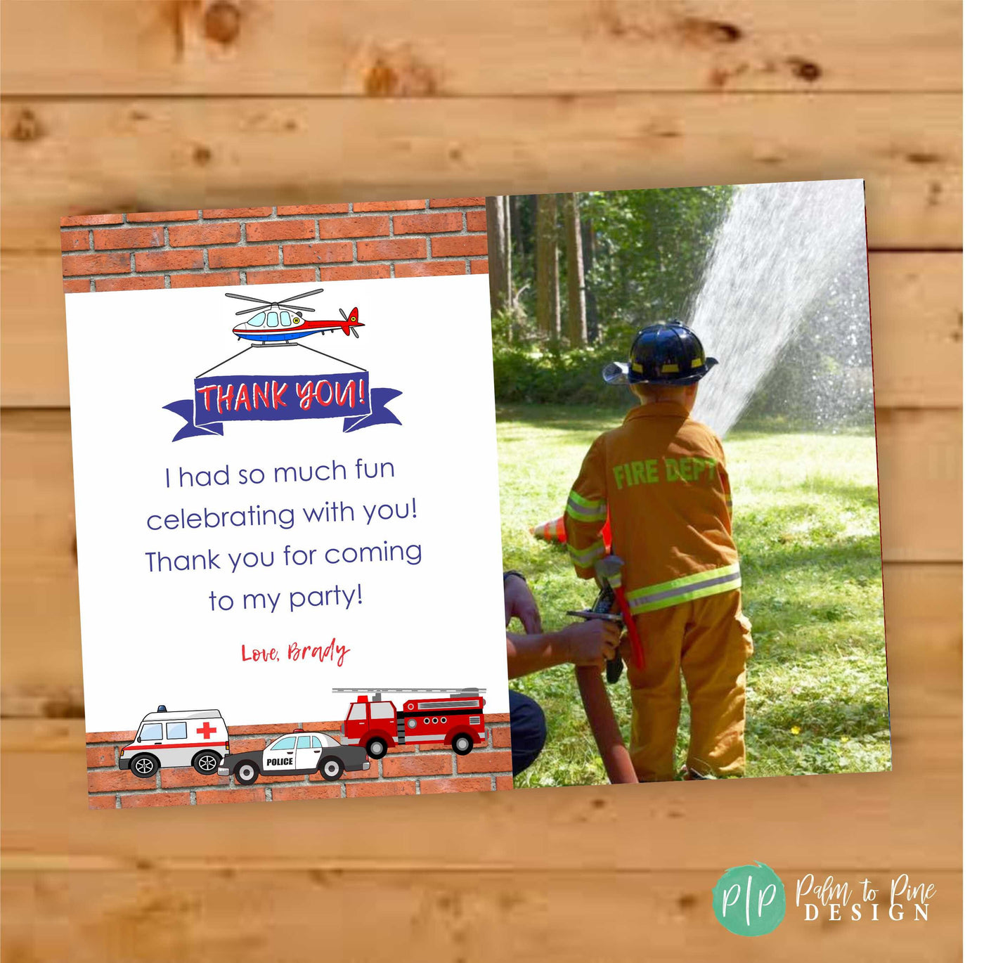 Firetruck birthday Thank You Card, Emergency vehicles birthday, Boy Birthday Thank You Card, Police Car, Rescue Cars, Police birthday party