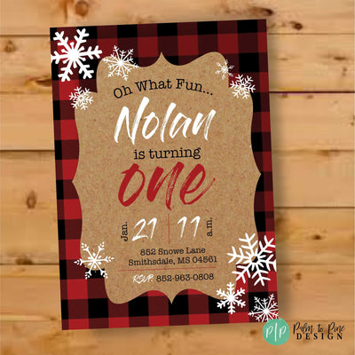 Winter ONEderland Invitation, Buffalo Plaid, Lumberjack Birthday, Winter Birthday Invite, Lumberjack Invitation, Snowflake Invitation, Plaid