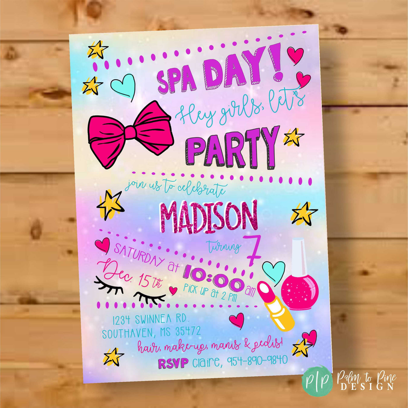 Girls Birthday Party Invitations, Sleepover birthday invite, spa birthday party girls, Spa Party for Girls, Pamper Party Invite, makeup bows