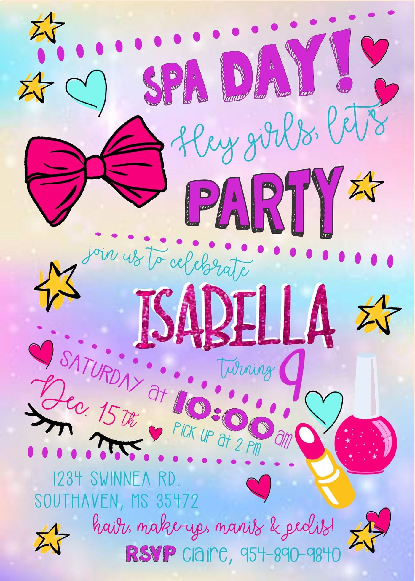 Girls Birthday Party Invitations, Sleepover birthday invite, spa birthday party girls, Spa Party for Girls, Pamper Party Invite, makeup bows