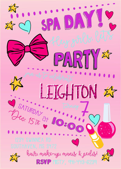 Girls Birthday Party Invitations, Sleepover birthday invite, spa birthday party girls, Spa Party for Girls, Pamper Party Invite, makeup bows