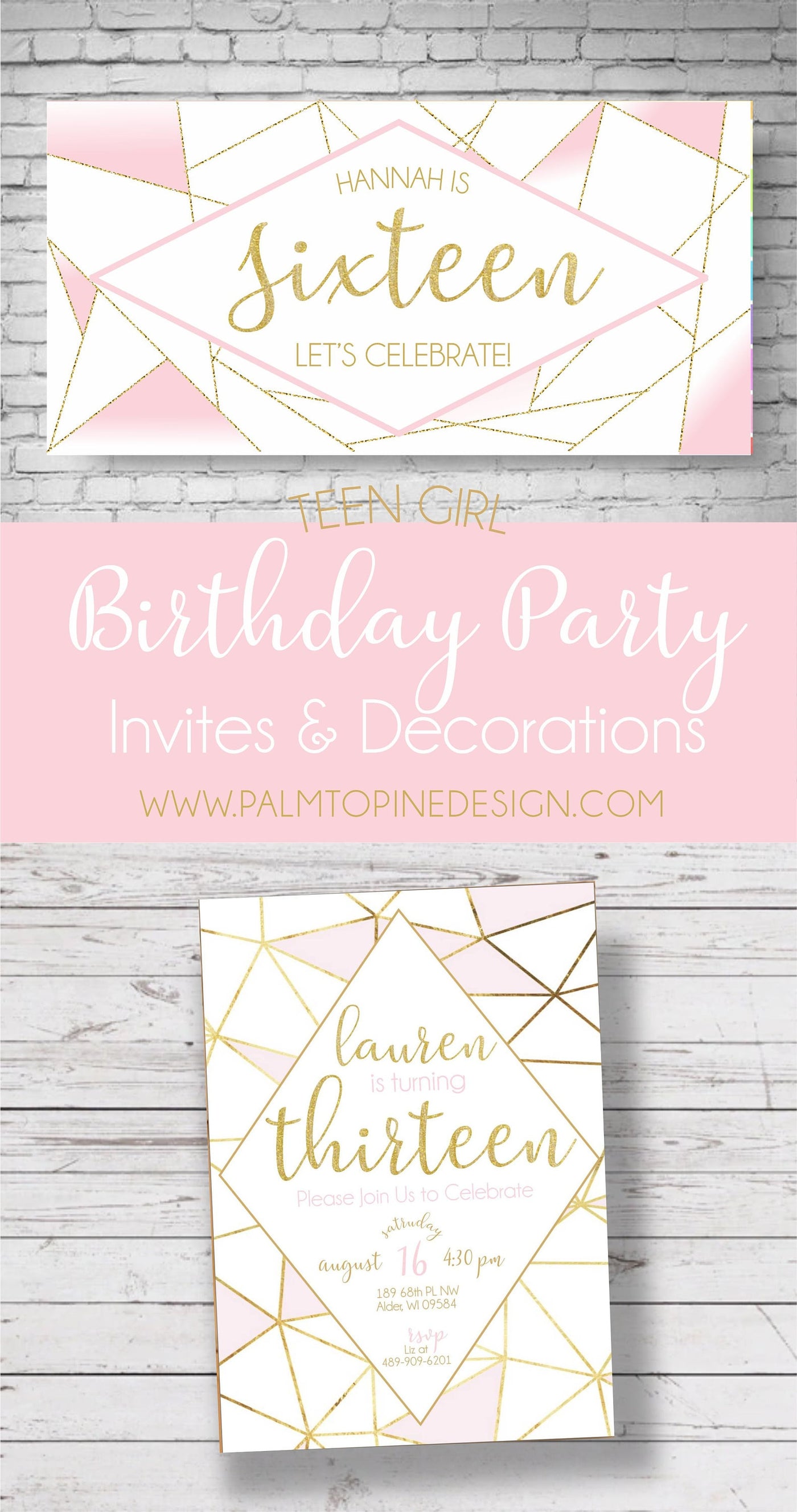 13th Birthday Banner, Sweet 16 Party Decor, 13th Birthday Party, Pink and Gold Birthday Banner,Pink and Gold Birthday Decor, Geometric, Teen