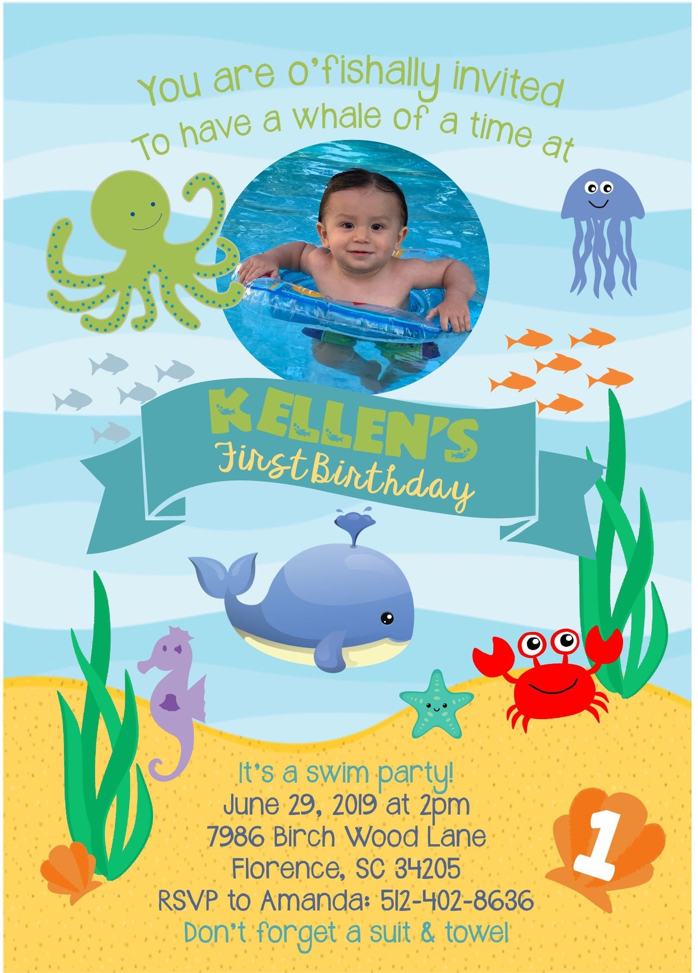 Under the Sea birthday invitation, First Birthday invitation, Under the Sea Invite, Under the sea invitation, Under the sea Party, Boy 1st