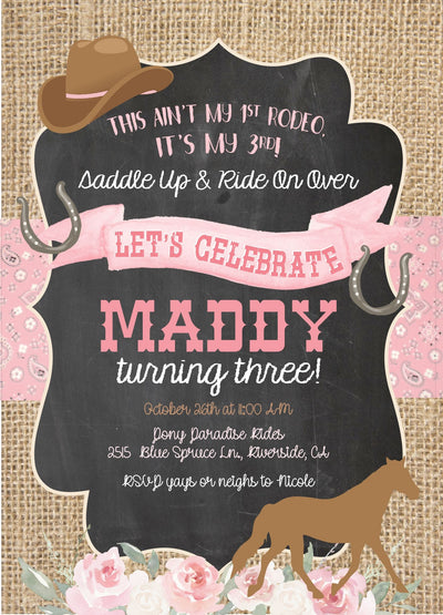 Cowgirl birthday invitation, Horse birthday invitation, Pony Birthday invitation, Horse Party, shabby chic horse birthday, Horse Invite Pink