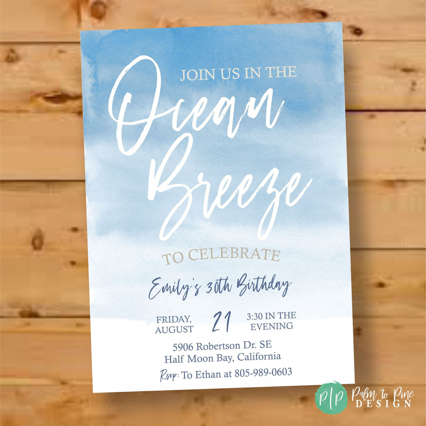 Beach birthday invitation, beach ocean invite, beach bridal shower invite, waves invite, coastal invitation, ocean invitation, watercolor