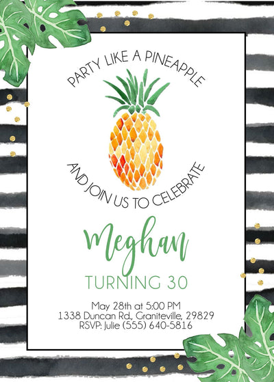 Pineapple Party Invite, Tropical Leaves Invite, Luau party, Aloha Birthday Invitation, Tropical Palm leaf invitation, monstera invite