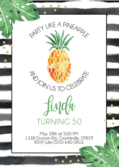 Pineapple Party Invite, Tropical Leaves Invite, Luau party, Aloha Birthday Invitation, Tropical Palm leaf invitation, monstera invite