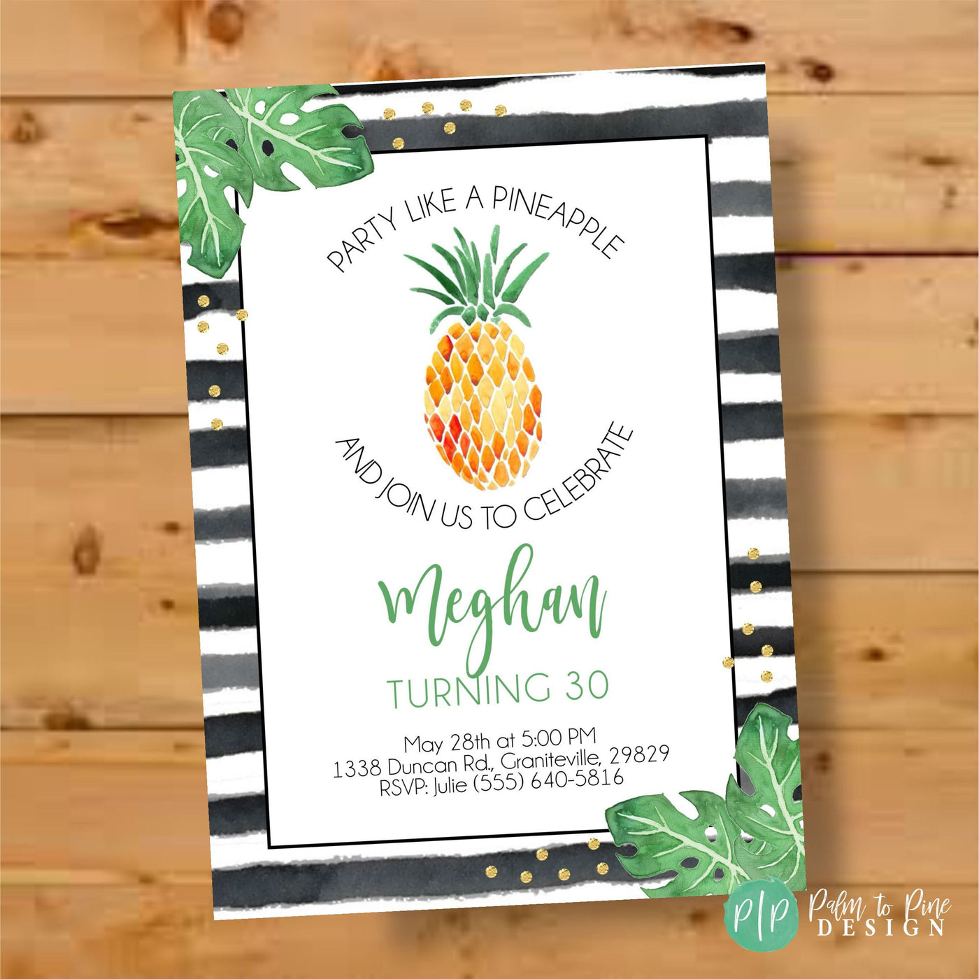 Pineapple Party Invite, Tropical Leaves Invite, Luau party, Aloha Birthday Invitation, Tropical Palm leaf invitation, monstera invite