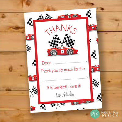 Race Car Thank You Card, Racecar Birthday Thank You, Race Car Birthday Party, racecar Thank You,  Checkered flag Thank You Card, Two fast