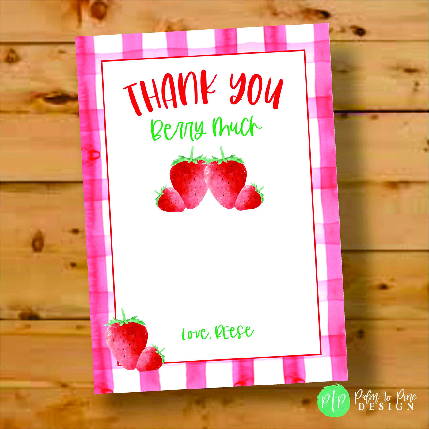 Strawberry Birthday Thank You Card, Berry Sweet Birthday, Berry Birthday Thank You Card, Strawberry Shortcake Thank you, gingham, watercolor