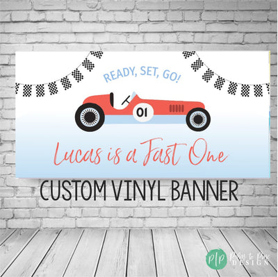 Racecar Birthday Banner, Fast One Decor, Vintage Racecar Birthday Party, Car Party Decorations, Race Car Checkered Flag Backdrop, Boy Banner