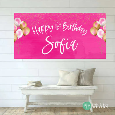 Hot pink and glitter banner, Hot pink girls birthday banner, Pink doll birthday backdrop, pink balloon birthday banner, pink birthday banner