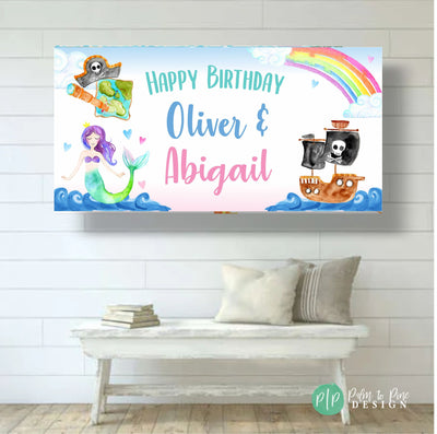 Mermaid Pirate Birthday Banner, Mermaid Pirate Birthday Party, Mermaid Pirate Backdrop,  Mermaid Party Decoration, Pirate Photo Backdrop