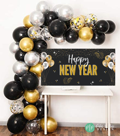 Happy New Year Banner, Custom New Year Banner, Black and Gold NYE Banner, Black and Gold New Year Backdrop, Black and Gold New Year banner