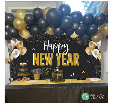 Happy New Year Banner, Custom New Year Banner, Black and Gold NYE Banner, Black and Gold New Year Backdrop, Black and Gold New Year banner