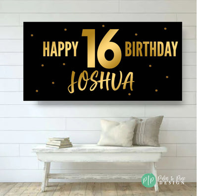 Happy birthday banner personalized, Custom birthday banner, Black and Gold Birthday Banner, Black and Gold backdrop, Black and Gold banner