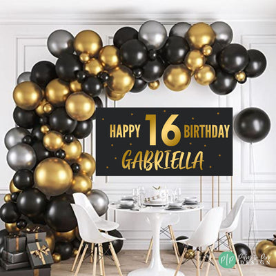 Happy birthday banner personalized, Custom birthday banner, Black and Gold Birthday Banner, Black and Gold backdrop, Black and Gold banner