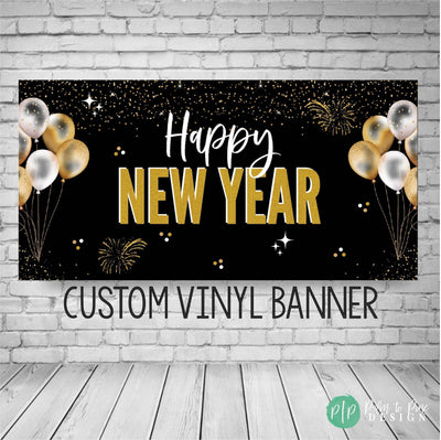 Happy New Year Banner, Custom New Year Banner, Black and Gold NYE Banner, Black and Gold New Year Backdrop, Black and Gold New Year banner