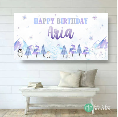 Winter Wonderland Birthday Banner, Winter Birthday Party, Snowflake Birthday Banner, Purple Winter Mountain banner, Winter Animals Backdrop