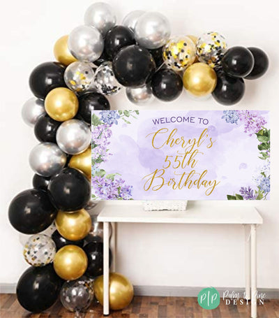 Lilac birthday sign, Floral Birthday Banner, women birthday banner, purple and gold banner, women purple lilac & gold banner, lilac backdrop