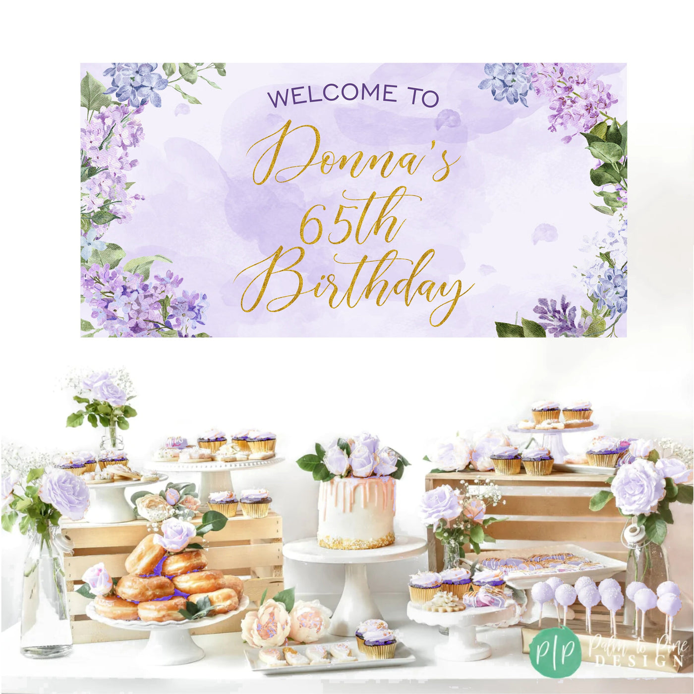 Lilac birthday sign, Floral Birthday Banner, women birthday banner, purple and gold banner, women purple lilac & gold banner, lilac backdrop