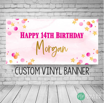 Happy Birthday Star and polka dot banner, Birthday Banner for girl, Girl birthday banner, Pink Teen Birthday Banner, Birthday Banner Tween