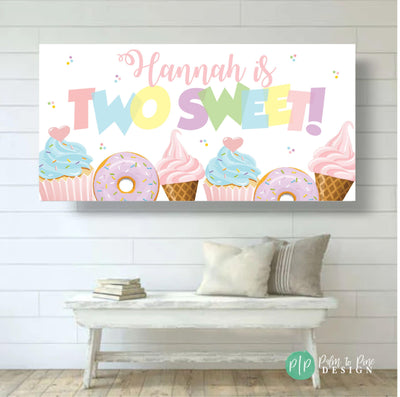 Two Sweet Banner, Ice Cream Birthday Party, Donut Birthday, Girls Birthday Backdrop, Second Birthday Party, Personalized Two Sweet Banner