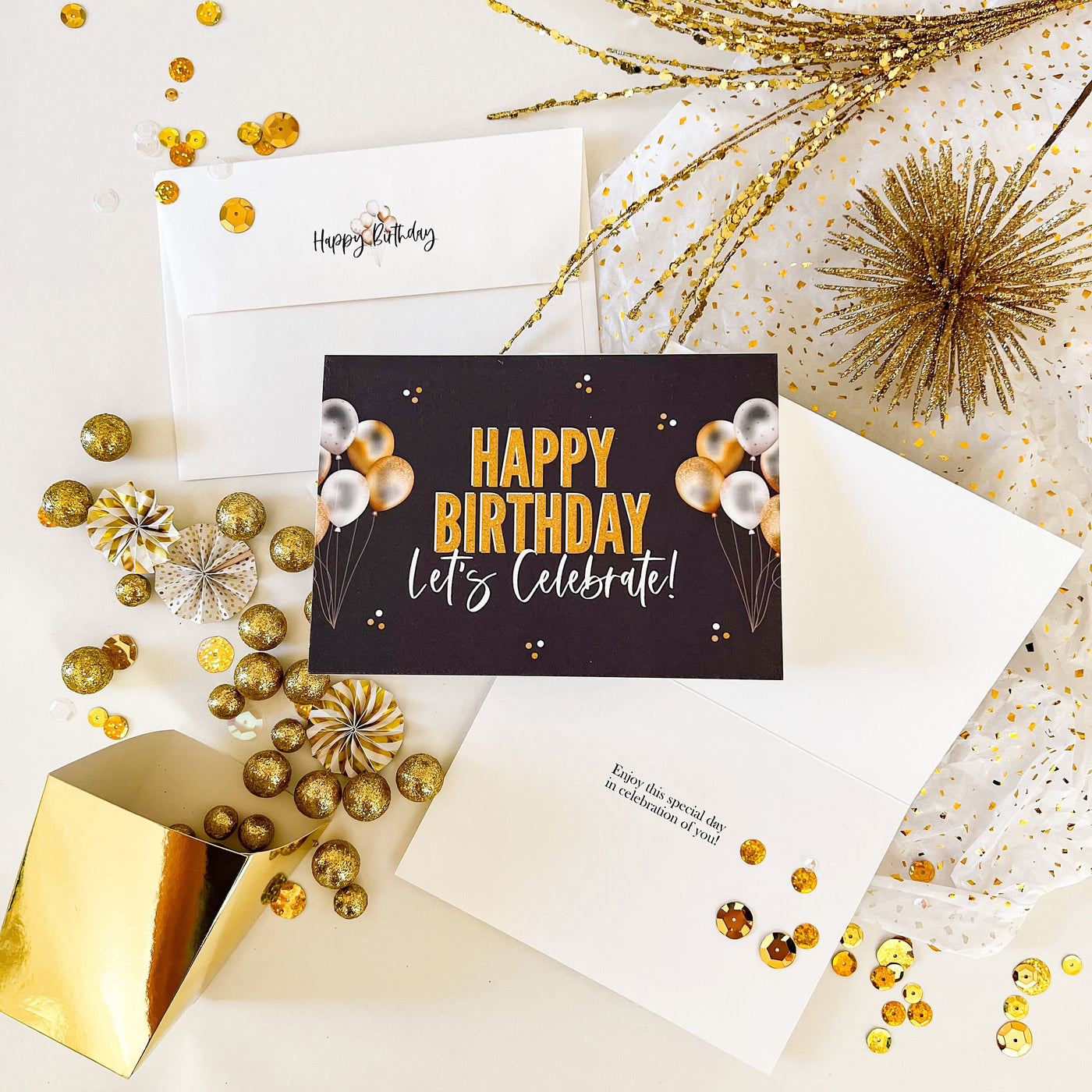 Luxury Black and Gold Folded 'Happy Birthday' Greeting Card With Custom Envelope, Black and Gold Birthday Card, Adult Birthday Greeting Card