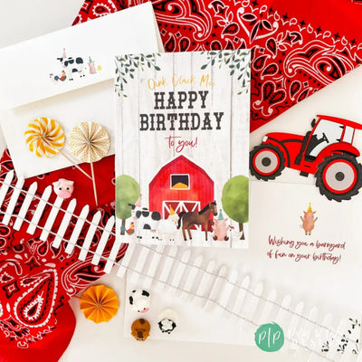 Barn yard birthday card for kids with watercolor farm animals and birthday message