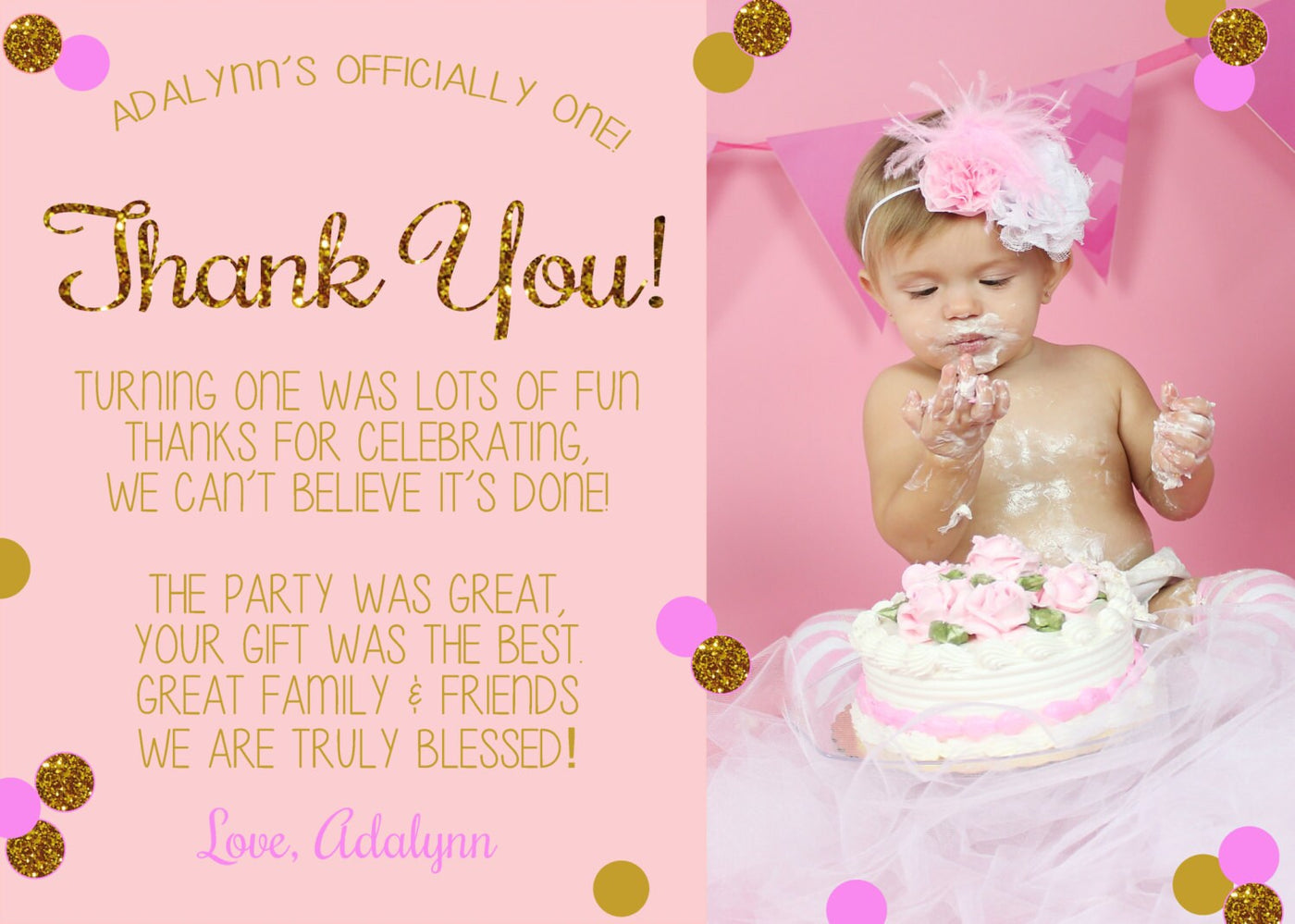 First Birthday Thank You Card, Pink & Gold Glitter Thank You Card, Birthday Thank You, 1st Birthday Thank You Card, Gold Glitter Thank You