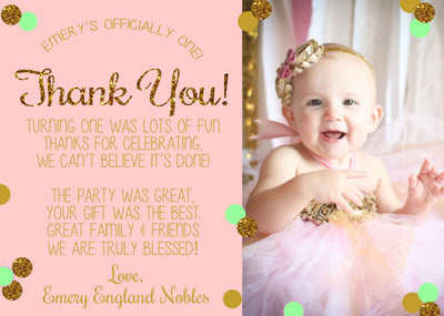 First Birthday Thank You Card, Pink & Gold Glitter Thank You Card, Birthday Thank You, 1st Birthday Thank You Card, Gold Glitter Thank You