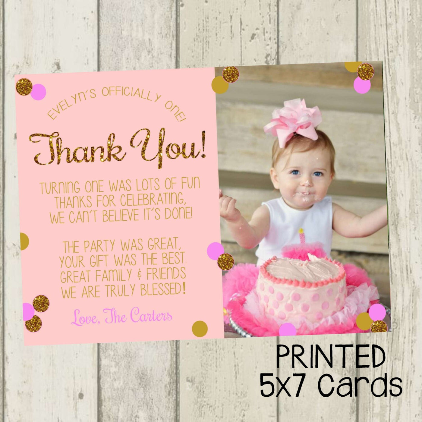 First Birthday Thank You Card, Pink & Gold Glitter Thank You Card, Birthday Thank You, 1st Birthday Thank You Card, Gold Glitter Thank You